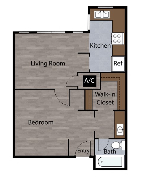 a floor plan of a studio apartment with a bedroom and a living room